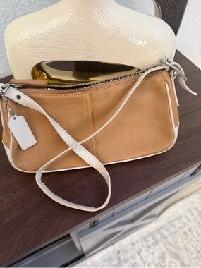 Coach Tan and Cream Leather Shoulder Bag with Contrast Trim